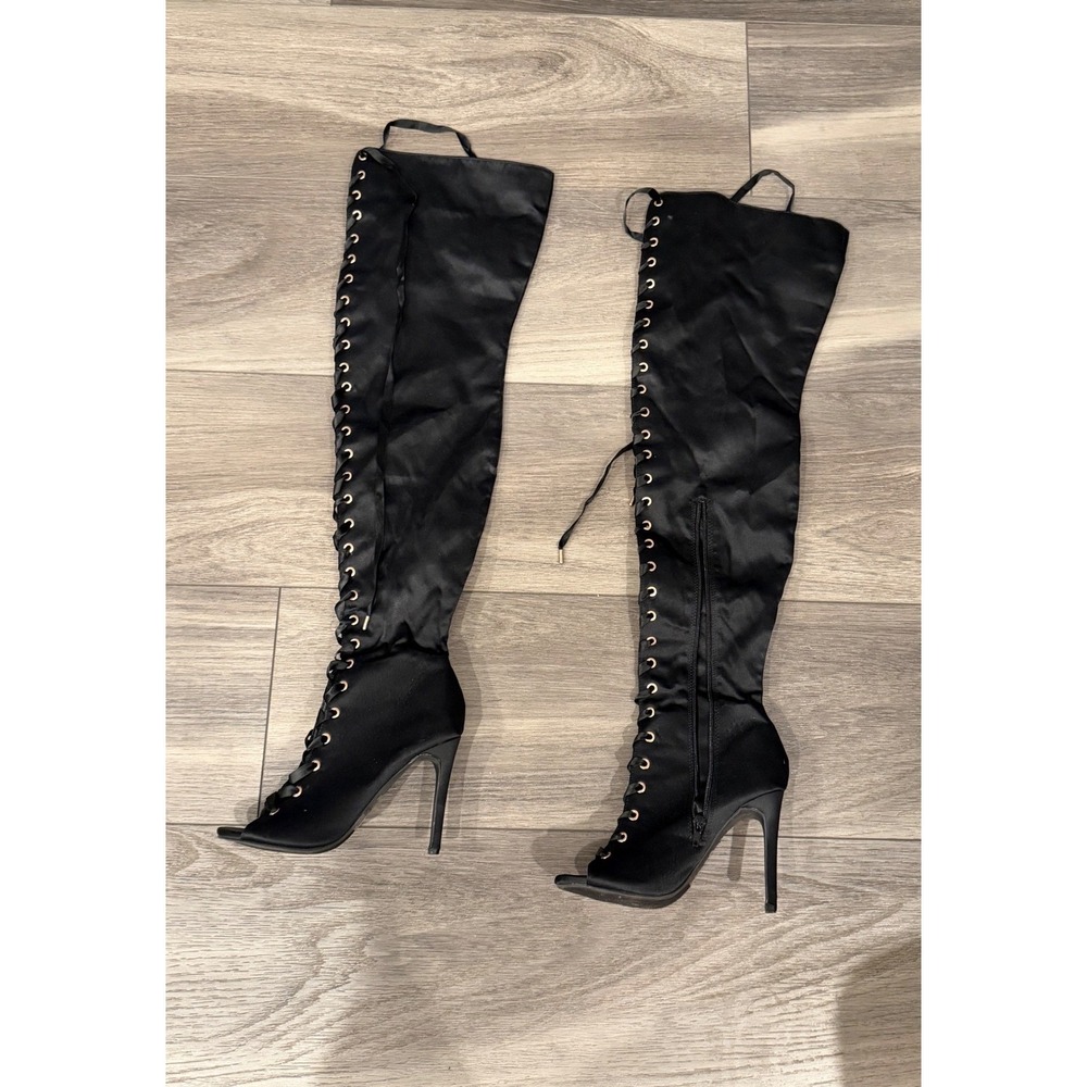 Anne Michelle‎ TRUELOVE-72S Black Satin Lace Up Over The Knee Peep Toe Boots 7